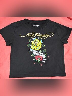 Ed Hardy Black Crop Tee with Yellow Rose and Red Heart Graphic